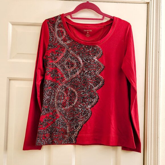 Sunset Rd M Red Black Lace Clear Sequins Design Top Blouse Long Sleeve sz M - Picture 2 of 11